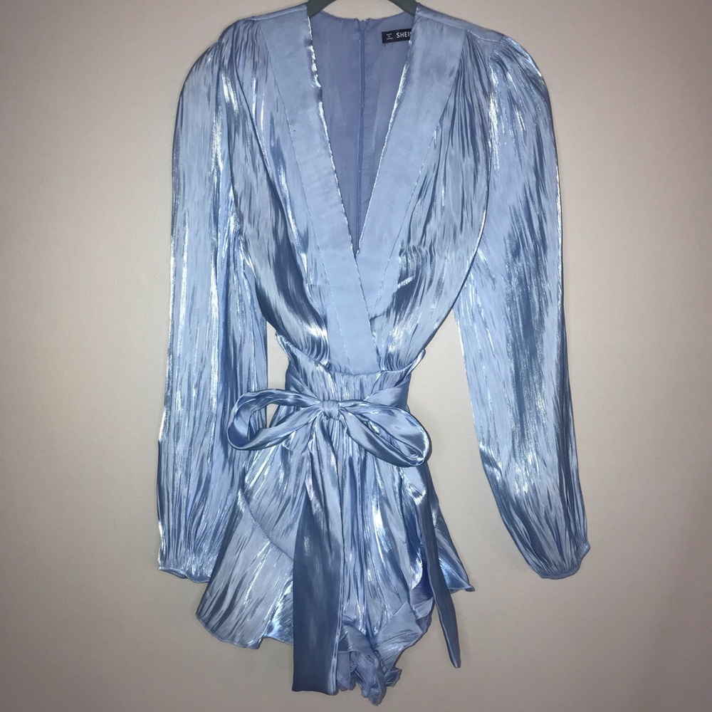 Shein Solid Ruffle Hem Satin Belted Romper - Picture 3 of 9
